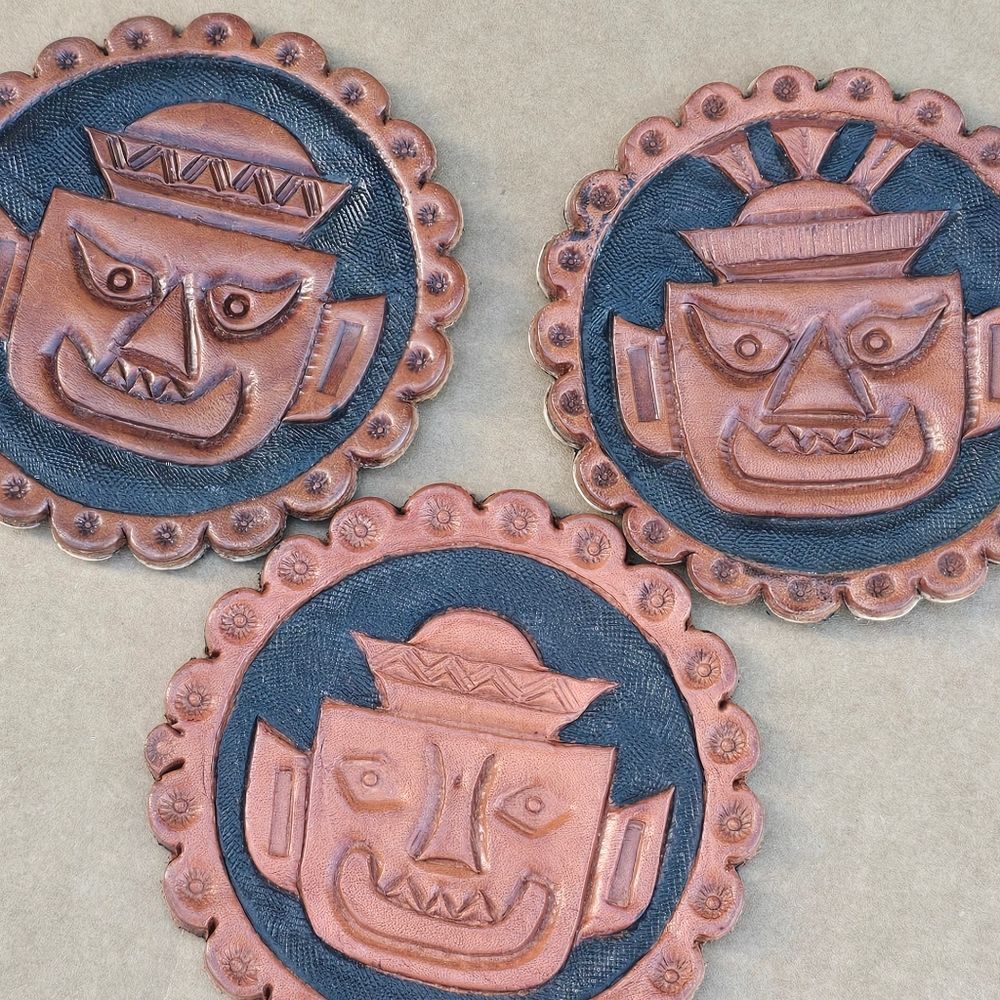 Leather Coaster Set of 3 | Characters AZTEC MAYAN INCA Heads  | Hand Tooled